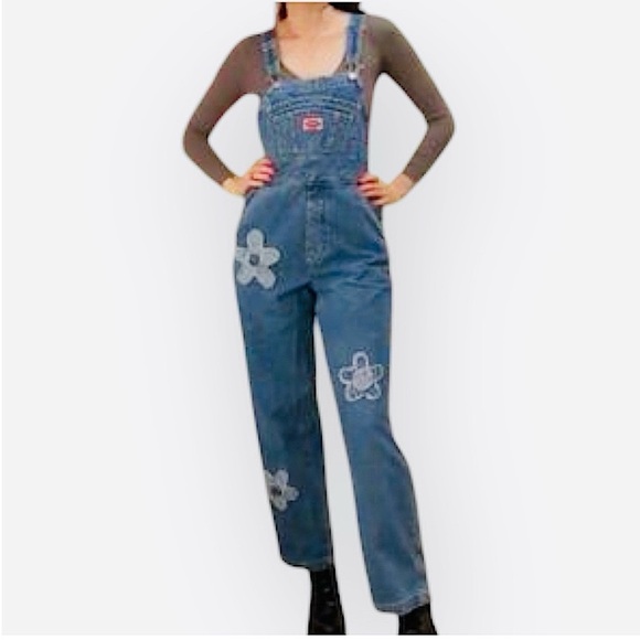 Revolt Jeans Denim - Revolt Vintage Flower Bib Light-wash Denim Jean Dungaree Overalls, Blue, Size M